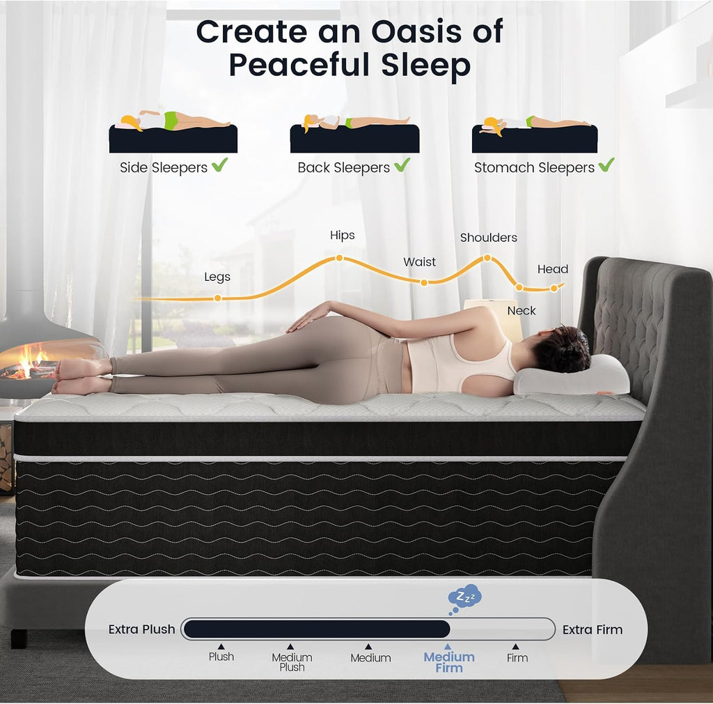 Luxury California King Mattress 12 Inch, Firm Hybrid Mattress Cal King in a Box, 7-Zones& Extra Edge Support, Cooling