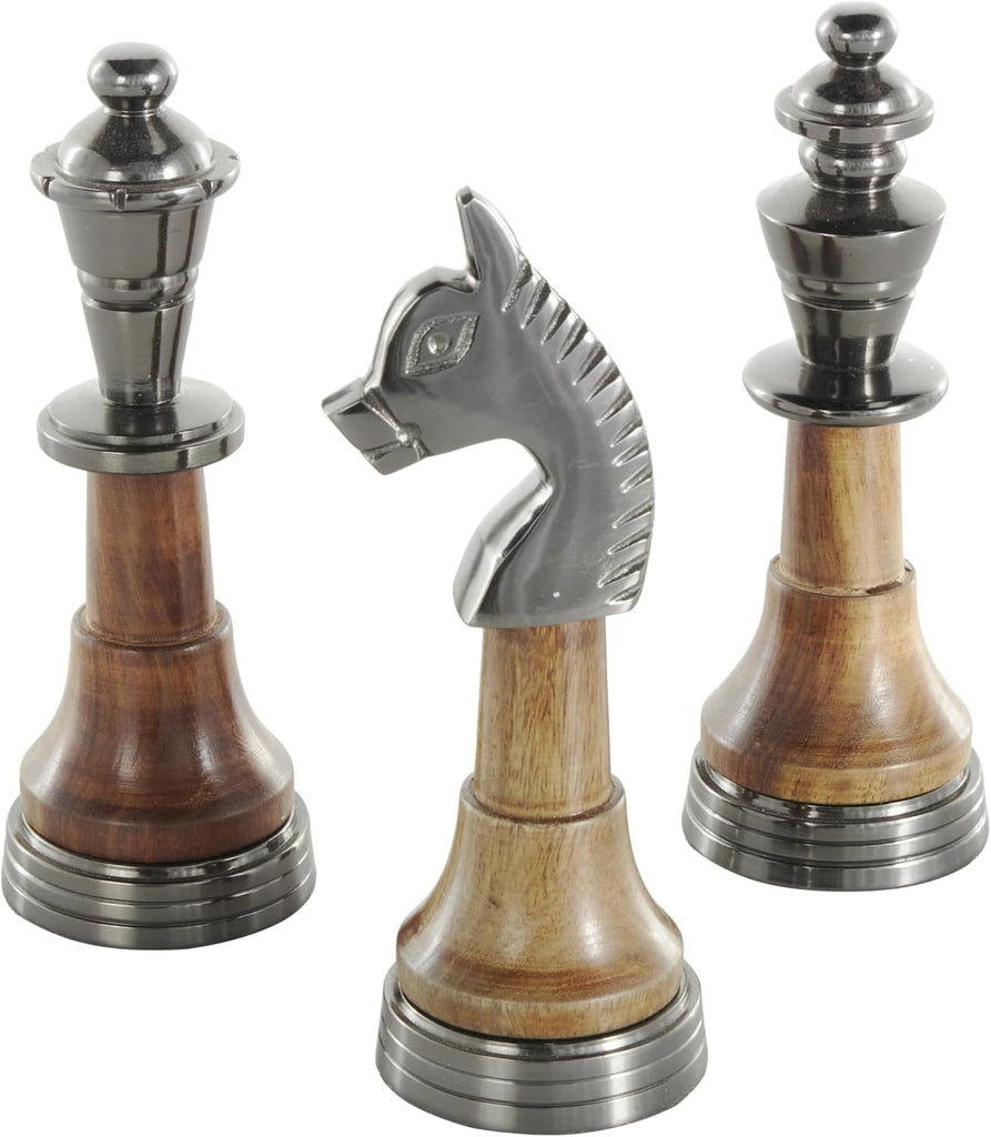 Aluminum Metal Chess Decorative Sculpture King, Queen, and Knight Home Decor Statues with Mango Wood Center - Set of 3
