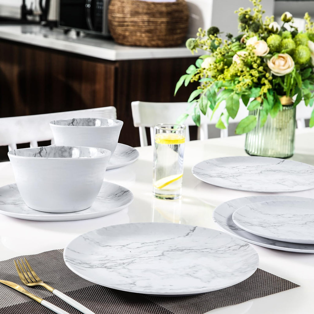 12-Piece Melamine Dinnerware Sets, Modern White Round Dish Set for 4