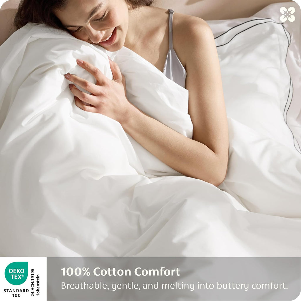 100% Cotton Percale Duvet Cover King, Breathable for Hot Sleepers | Hotel-Style Leaf Edge White Comforter Cover