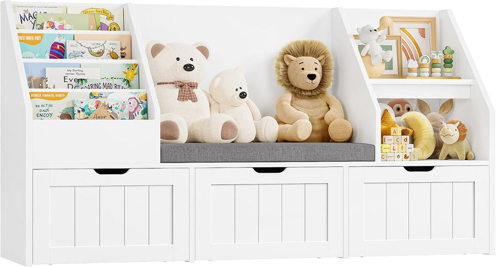 Kids Bookshelf with Reading Nook, Toy Storage with Seat Cushion | 55.1'' Toy Storage Organizer with 3 Movable