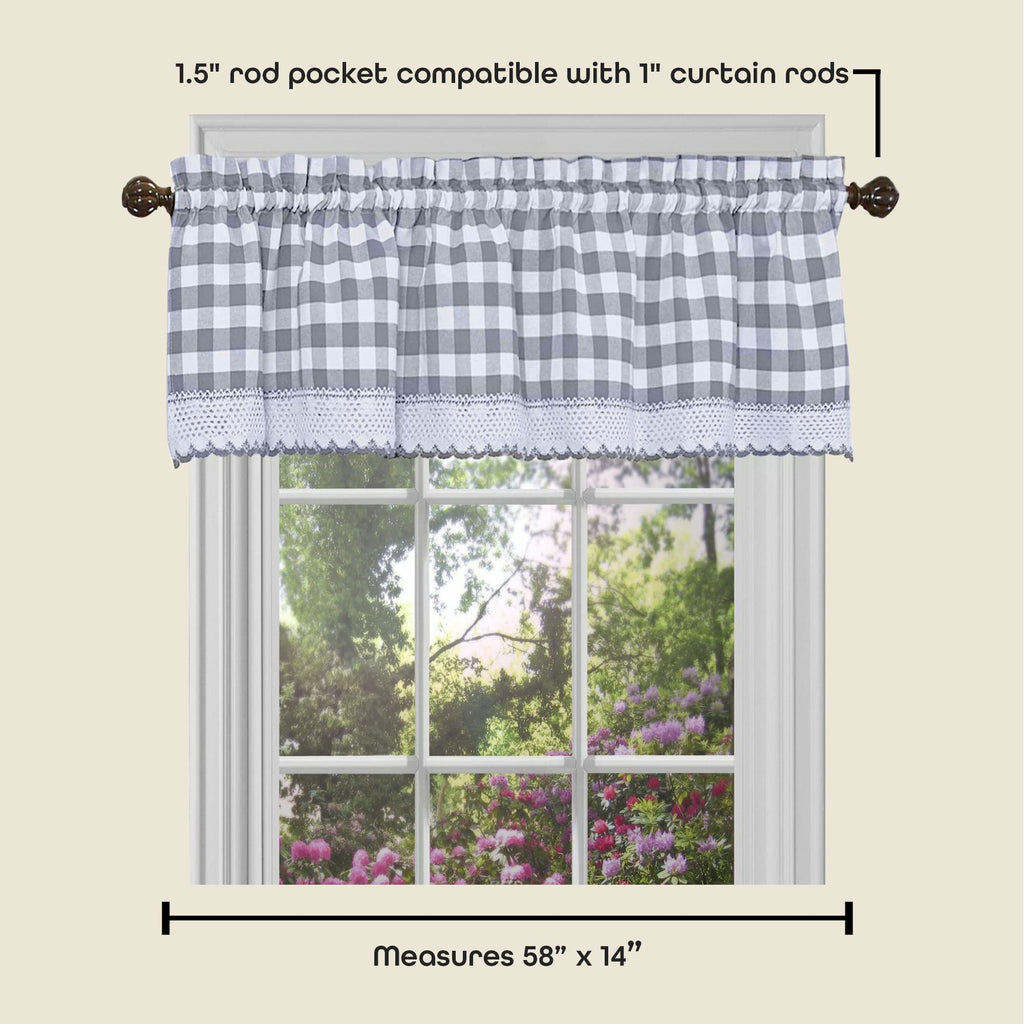 Buffalo Check Valance Curtains, 58 x 14 in, Grey & White Plaid