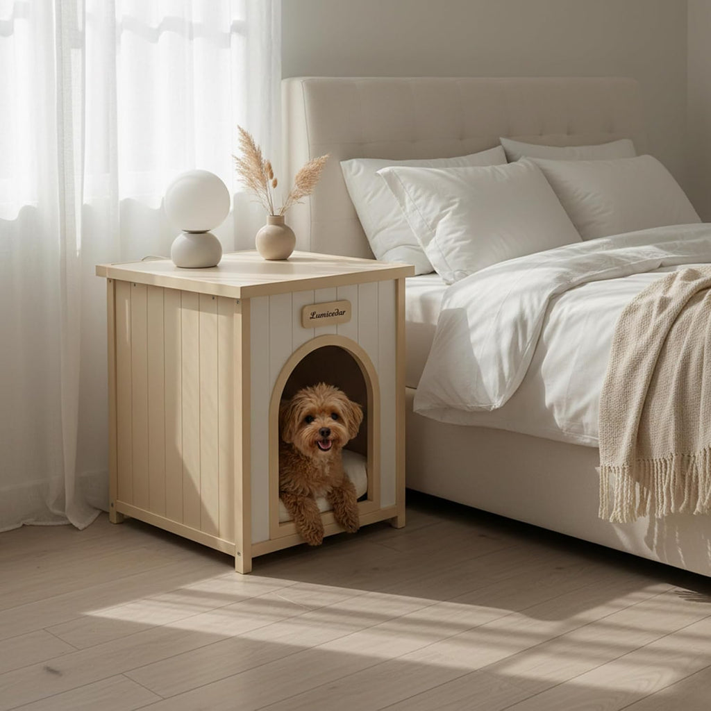 Indoor Wooden Dog House with Removable Cushion, Solid Cedar Pet House for Small Dogs & Cats, Furniture Side Table