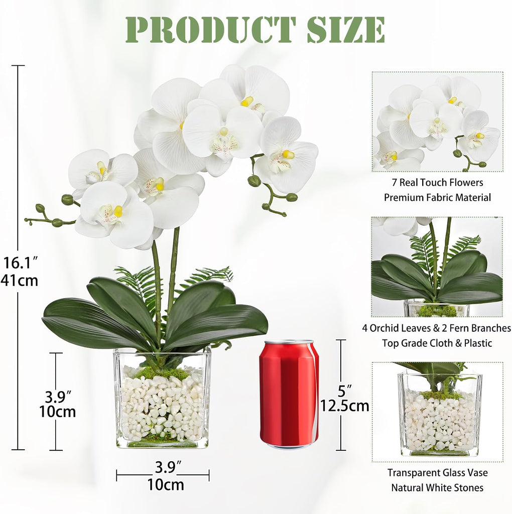 White Orchids Artificial Flowers 16.1" Faux Orchids Plant in Pot Fake Flower Arrangements with Glass Vases Small - Set of 7