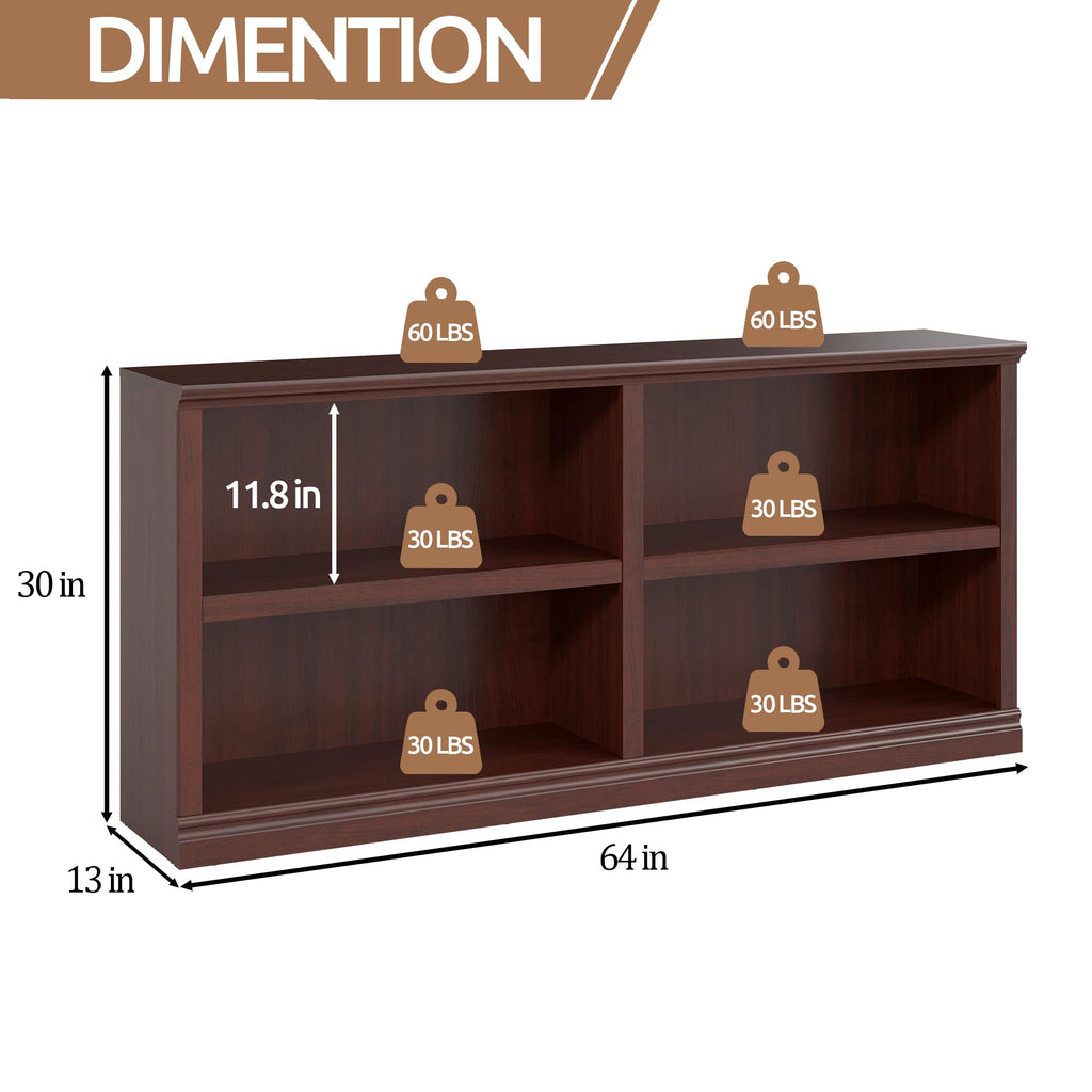 Low Horizontal Bookshelf Double Wide 64" 2-Tier Bookcase 4 Cube Storage Organizer Cherry Wood Bookcases Decor Display