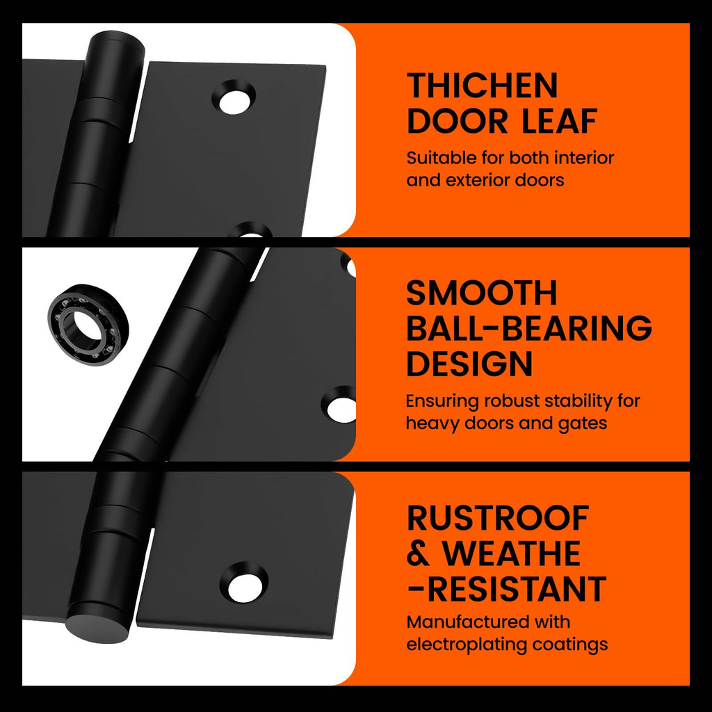 3 Pack Matte Black 3.5 Inch Door Hinges with 1/4" Radius Corner