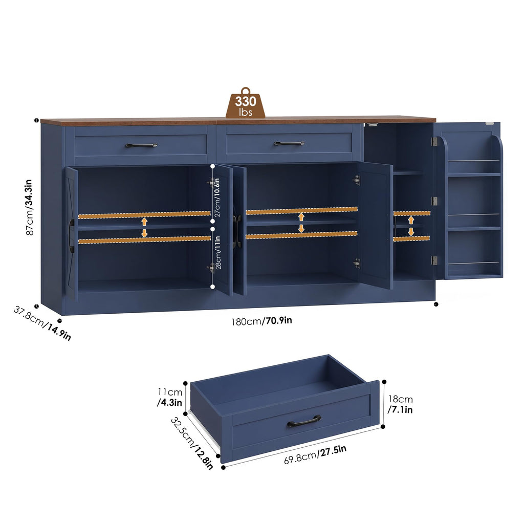 71" Large Sideboard Buffet Cabinet, Farmhouse Coffee Bar Cabinet (Blue)