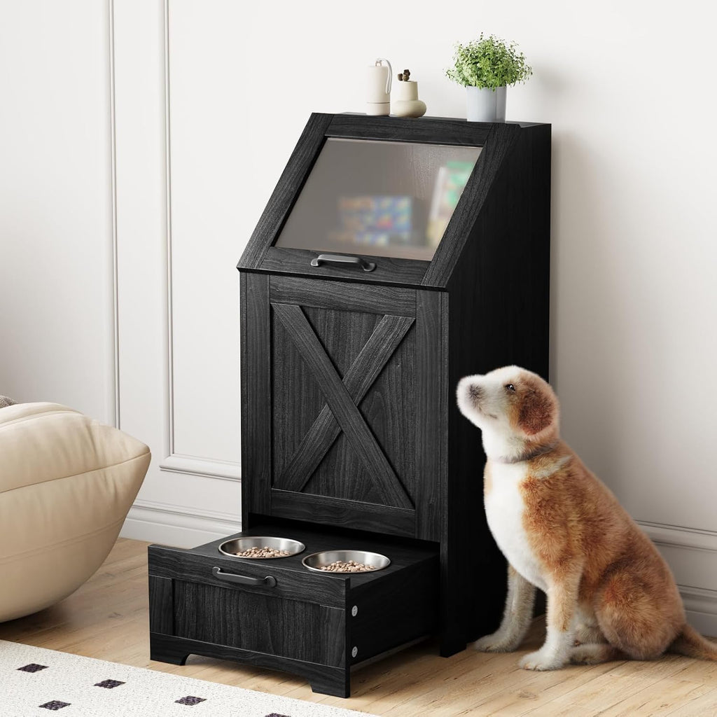 Dog Feeding Station with Storage Cabinet & 2 Elevated Bowls, Black
