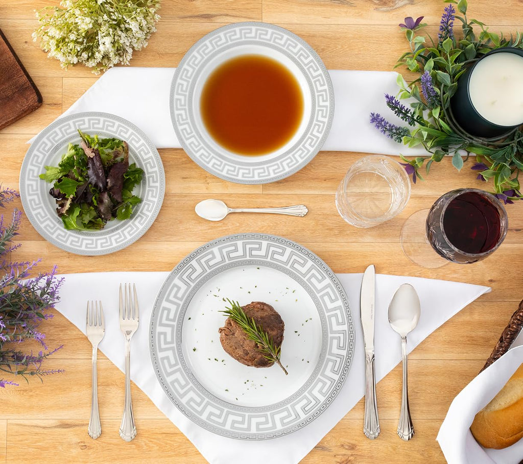 Porcelain Dinnerware Set for 4-12 Piece, Elegant Meander Silver