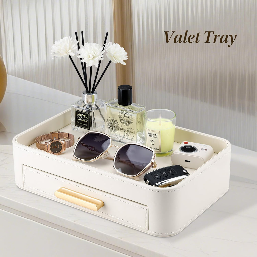 PU Leather Valet Tray with Drawer, Nightstand Organizer Catch All Tray for Jewelry Perfume Purse Trinket Key Holder