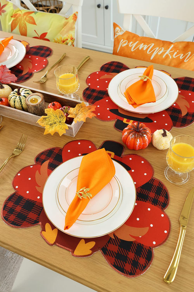 Thanksgiving Placemats Set of 4 - Fall Placemats for Dining Table Orange Brown Plaid, Harvest Turkey Placemats for