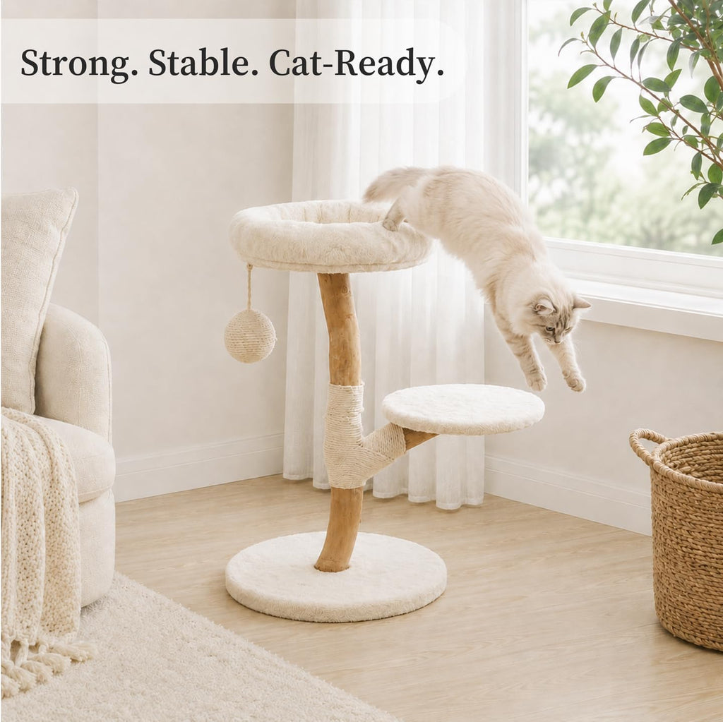 Real Wood Modern Cat Tree Tower, Cat Scratching Post with Bed for Small Indoor Cats, Solid Wooden Climbing Tower
