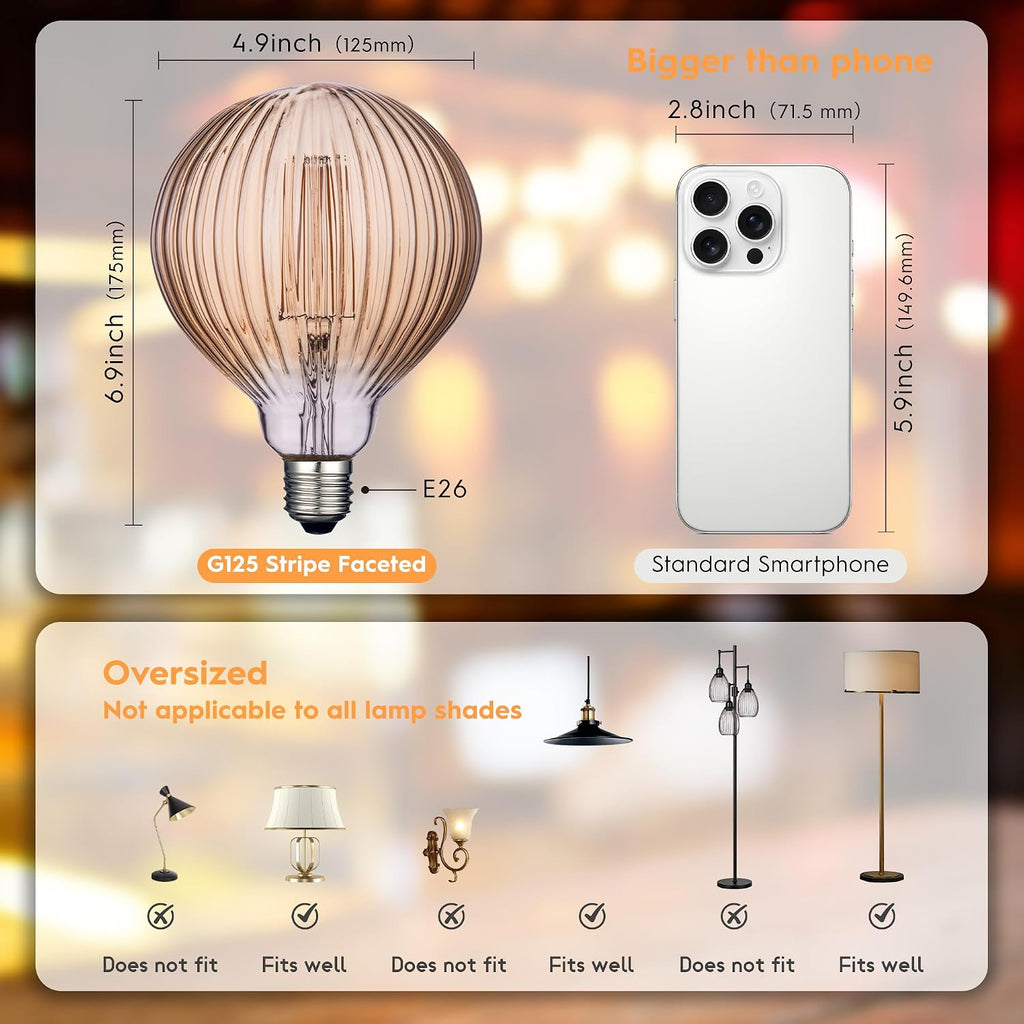 G125 LED Filament Bulb,4W Dimmable E26,2200K Amber Glass