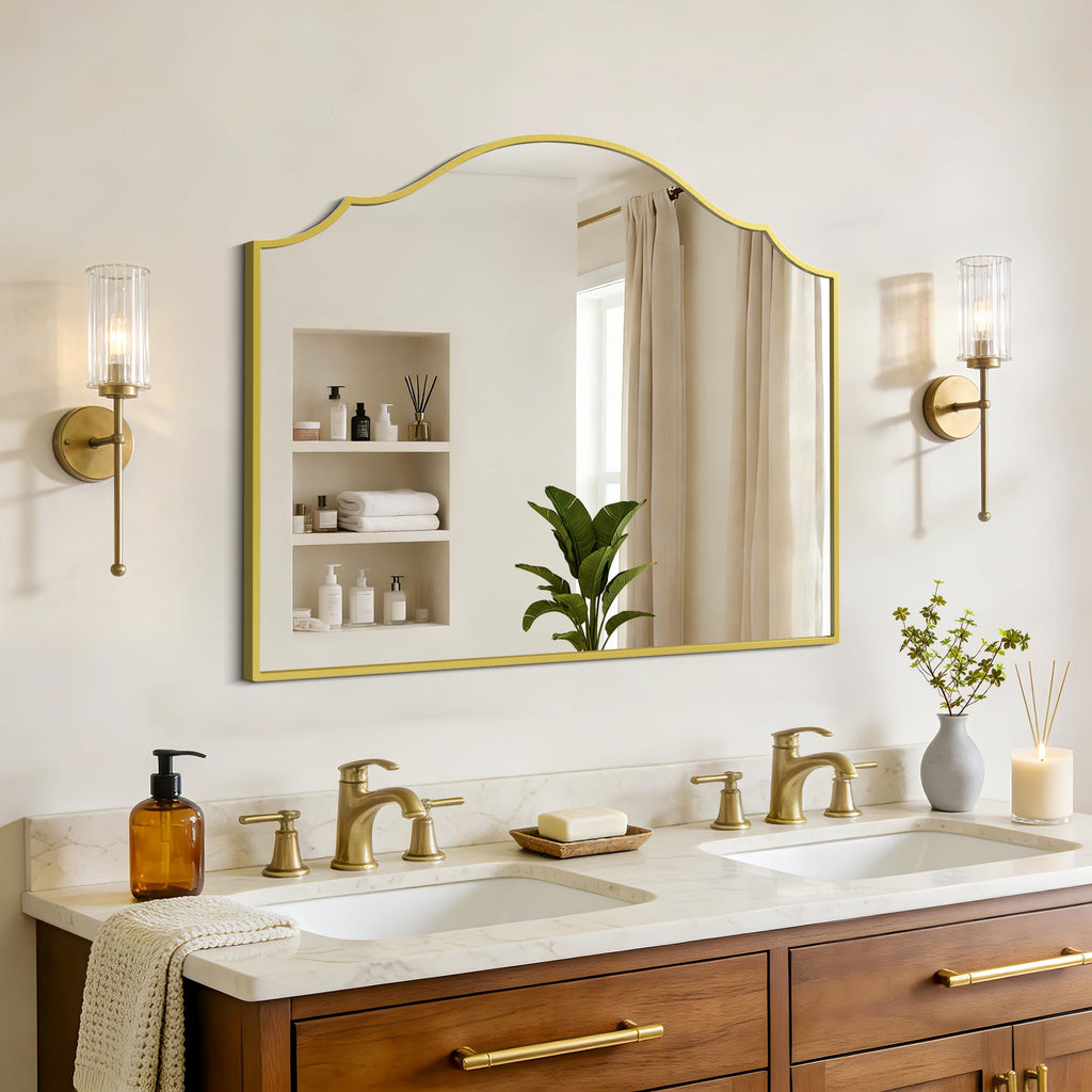 Scalloped Arched Mirror, 36"x30" Gold Mantel Mirror with Metal Frame, Decorative Vintage Wall Mirror Vanity