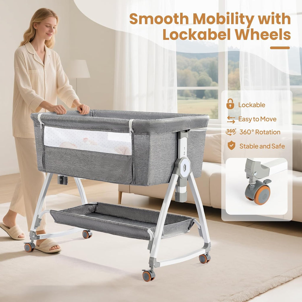 3 in 1 Baby Bassinet, Bedside Bassinet for Baby, with Comfy Mattress and Wheels, 6 Height Adjustable Easy Folding