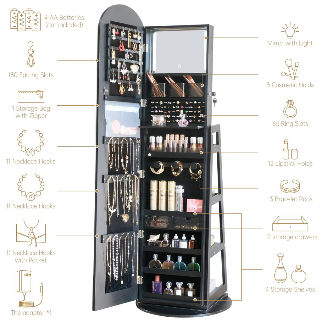 Arched Rotating Jewelry Cabinet with LED Lighted Full Length Mirror & Built-in LED Vanity Mirror, Lockable Standing