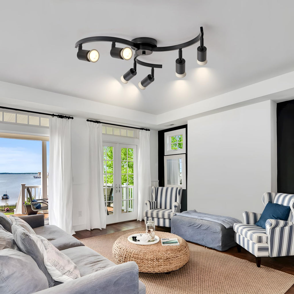 6 Light Track Lighting Fixtures Ceiling, Flexibly Rotatable Light Heads, Black Semi Flush Mount Ceiling Light Dining