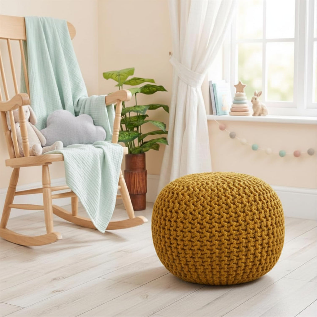 Round Knitted Pouf - Chunky Knit Ottoman & Floor Cushion, Round Stuffed Pouf Ottoman, Foot Stool Storage Ottoman, 18"