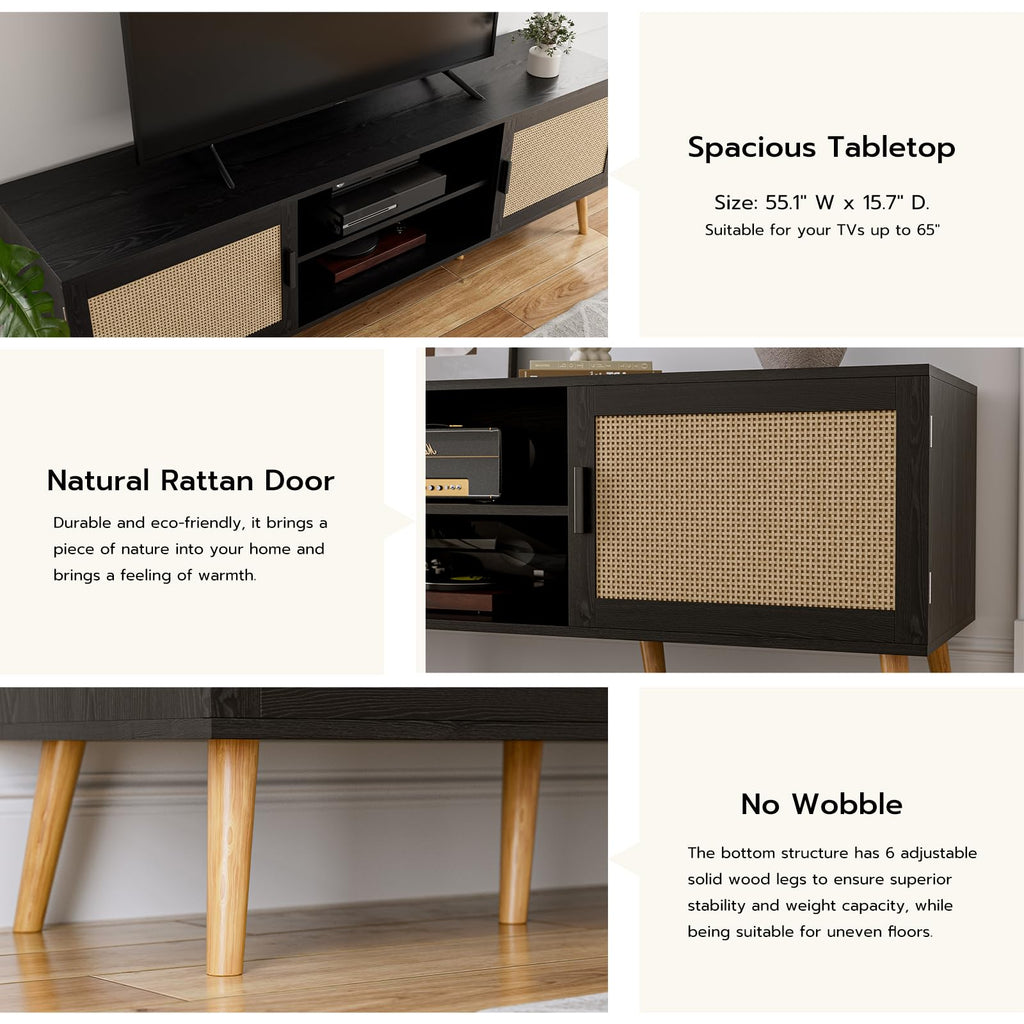 TV Stand with Rattan Doors for TVs up to 65", Mid-Century, Black