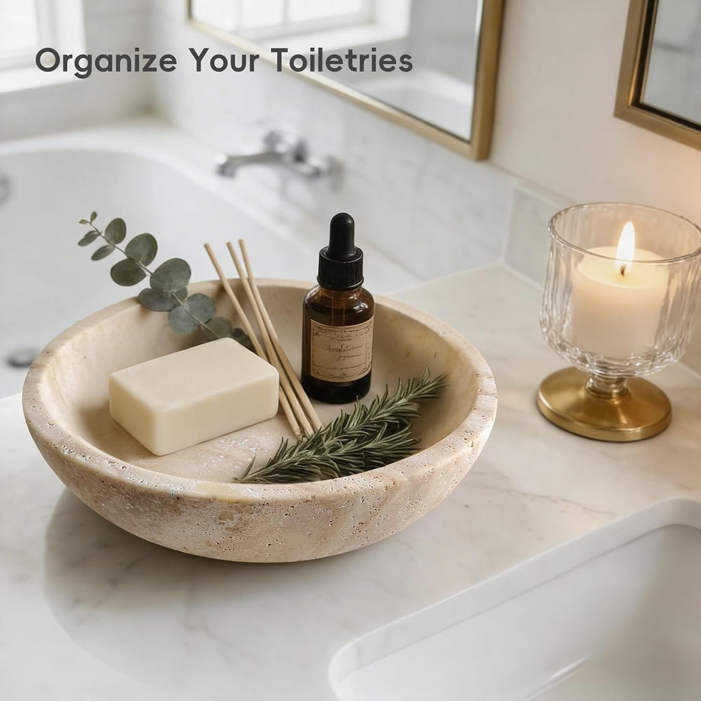 Travertine Bowl,Decorative Bowl Modern Key Bowl Table, Pedestal Bowls for Dining Table Center,Living Room, Kitchen