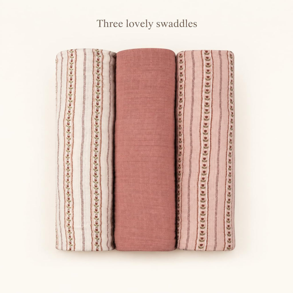 Muslin Swaddle Blankets Pack for Baby Girl, 100% Cotton Muslin Extra Large Swaddle Receiving Blankets, 47"x47"