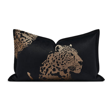 Luxury Black Velvet Lumbar Pillow Covers 12x20'' inches, Hand-Embroidered Brown Cheetah Face Decorative Throw Pillow