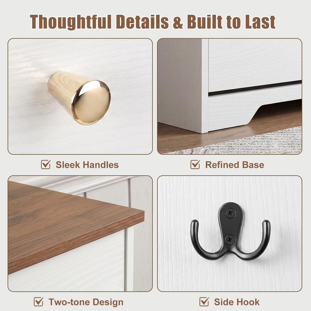 Shoe Cabinet, 4 Flip Drawers Slim White with Walnut Top Entryway