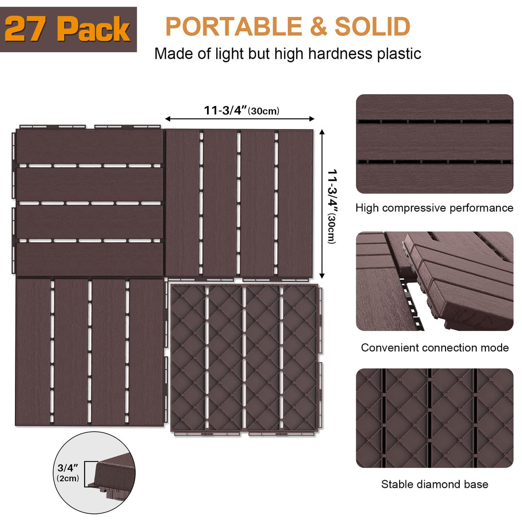 27 sq. ft Plastic Interlocking Deck Tiles, 27PCS Waterproof Patio Balcony Flooring, 12"x12" Outdoor Interlocking Deck