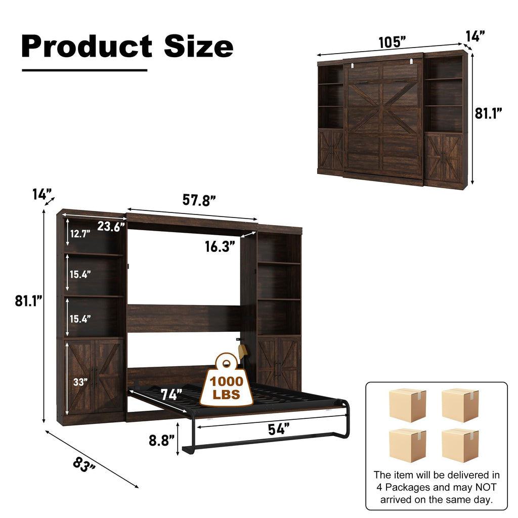 Full Size Murphy Bed w/2 Storage Cabinet&2 LED Light, Farmhouse Wood Hidden Foldable Wall Bed Frame, Storage Bed