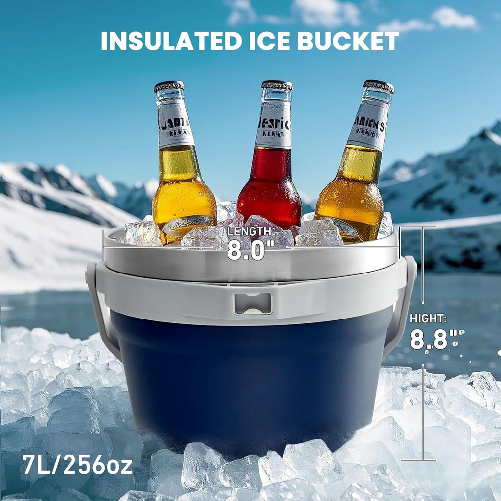 7L Vacuum Insulated Ice Bucket with Lid and Scoop& Tongs,Large capacity Stainless Steel Beverage Bucket for Cocktail