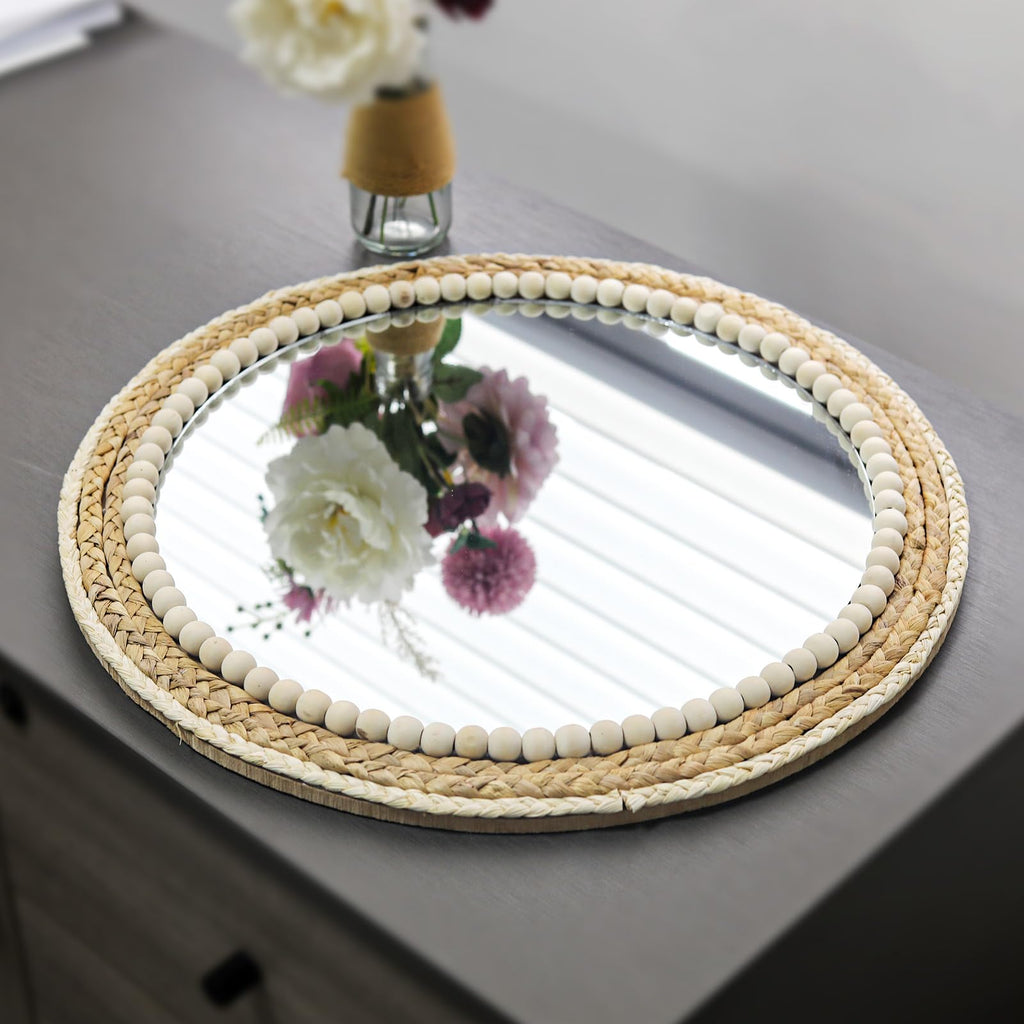 18 Inch Boho Round Hanging Wall Mirror Decorative Rattan Circle Mirrors for Farmhouse, Living Room, Bedroom