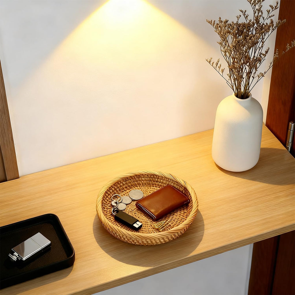 Handwoven Rattan Small Key Bowl - 7.6 Inch Round Catch All Tray for Keys,Coins, Wallet, Jewelry - Natural Wicker