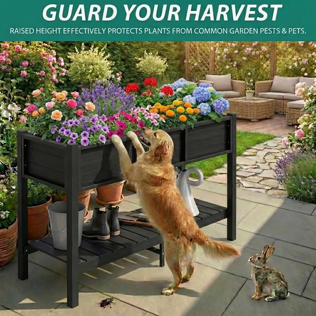 Raised Garden Bed HDPE 2PCS, 48x18x30in Raised Planter Box with Legs & Storage Shelf, Poly-Wood Weather-Resistant