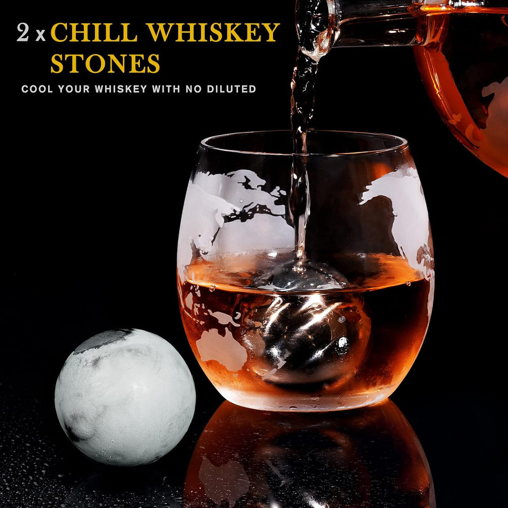Gifts for Men Dad Fathers Day, Whiskey Decanter Globe Set with 2 Ball Stones & 2 Glasses, Anniversary Birthday Gifts