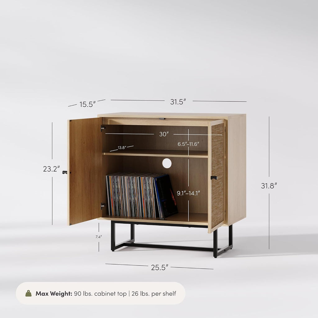 Kova Accent Sideboard Storage Cabinet in Light Wood and Rattan with Metal Frame, Adjustable Shelves and Cane Doors
