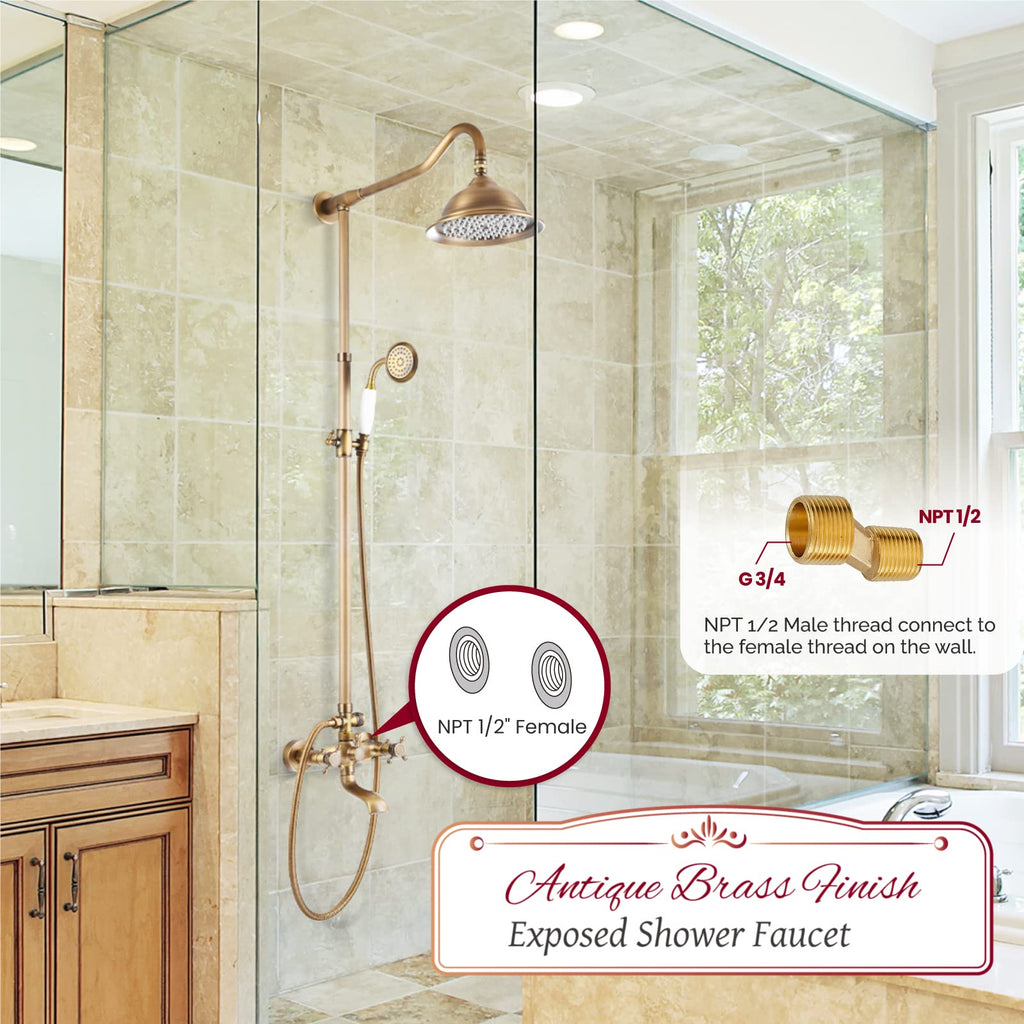 Exposed Shower System Kit with Tub Spout Vintage,Antique Brass