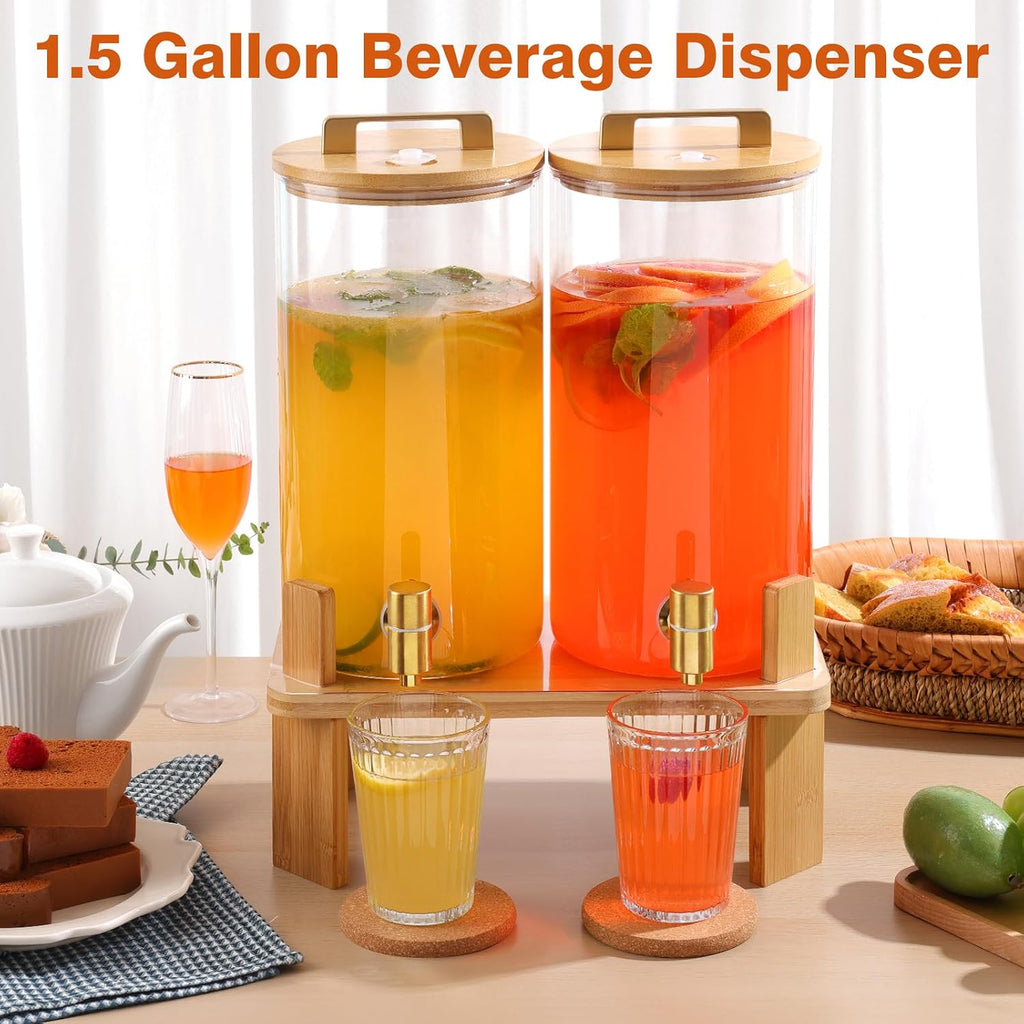 1.5 Gallon 2 PACK Glass Drink dispenser, Beverage Dispenser With Wood Stand, Lemonade Dispenser with Airtight Valve - Set of 2