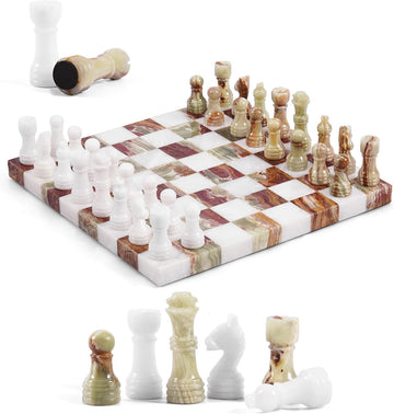 Marble Chess Set for Adults 10 Inch Handmade White and Green Luxury Decorative Chess Board with 32 Chess Pieces & 2 - Set of 34