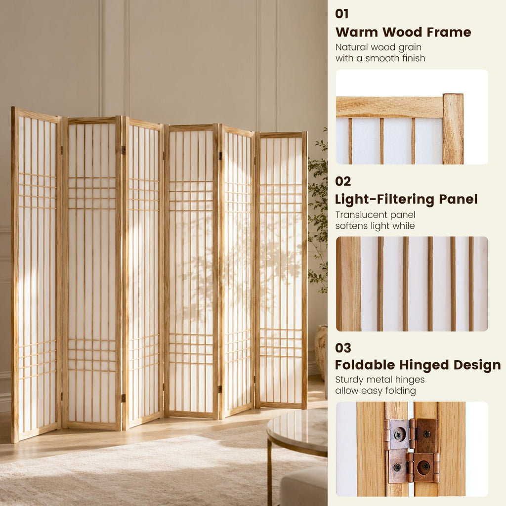 6 Panel Room Divider Folding Privacy Screen Light Brown