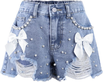 Girls Jean Shorts Pearl Bow Ripped Denim Shorts