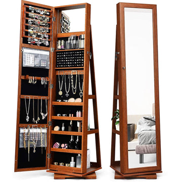 360° Rotating Jewelry Armoire, 3-In-1 Lockable Jewelry Cabinet w/Rear Shelves & Inside Makeup Mirror, Large Capacity