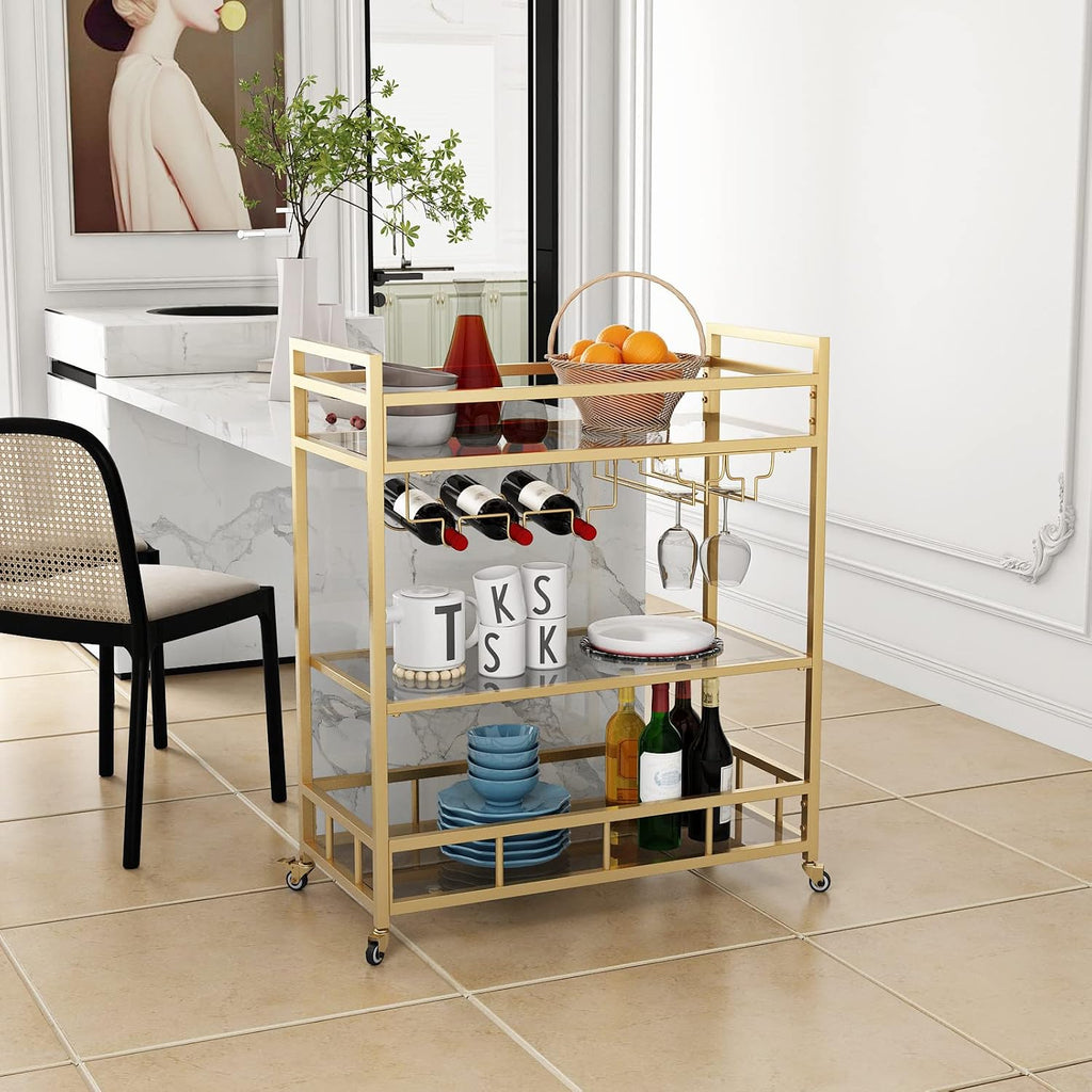 Bar Cart Gold with Bottle Storage and Wine Glass, Rolling Serving Bar Cart on Wheels Indoor & Outdoor, Patio, Gold