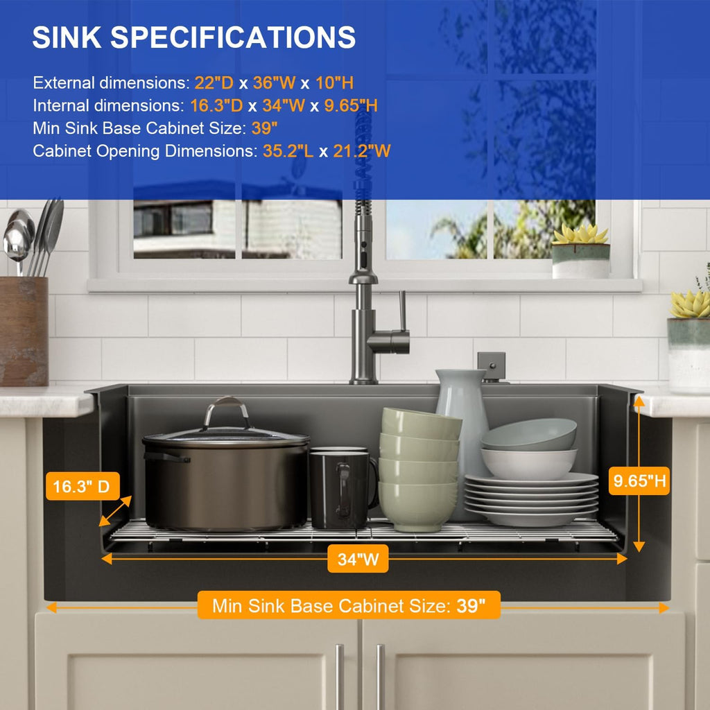 36 Inch Black Kitchen Sink Workstation Drop In Single Bowl Large Sink 16 Gauge Stainless Steel Nano PVD Coating