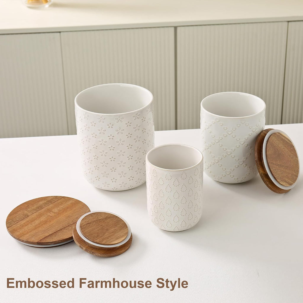 Canisters Sets for the Kitchen, White Ceramic Canister Set with Airtight Wood Lids, Embossed Food Storage Jars - Set of 3