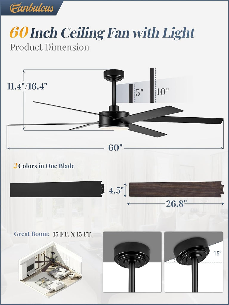 60" Ceiling Fan with Light, 6-Blade Reversible, 3CCT, Black