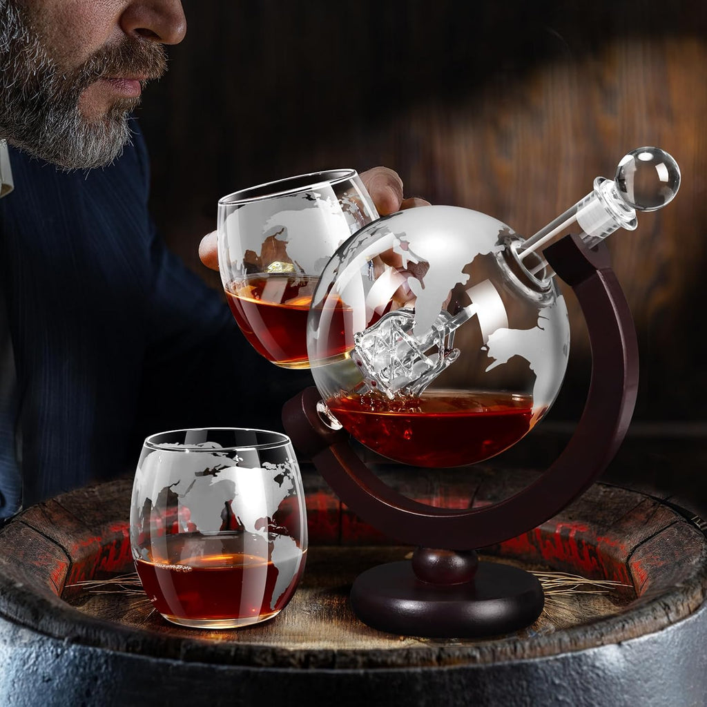 Whiskey Decanter Sets for Men, Whiskey Decanter Globe Set, Gifts for Men Dad Valentines Day with 2 Etched Globe - Set of 3