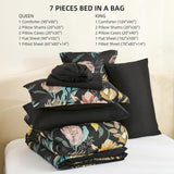 Luxudecor Queen Comforter Set 7 Pieces Bedding Sets, Black Floral Comforter and Sheet Set