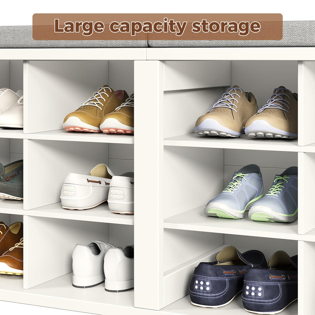 Shoe Rack Bench, Shoe Storage Bench with Cushion, Shoe Organizer 18 Cubbies Hallway Bedroom Living Room, Holds Up to