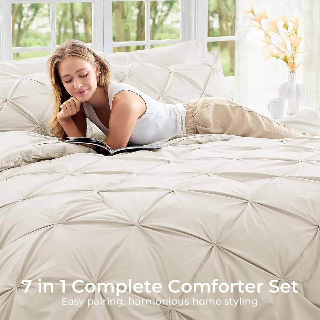 Sasttie King Comforter Set, 7-Piece Bed in a Bag, Pintuck Bedding Sets for All Season, Includes Comforter, Flat Sheet