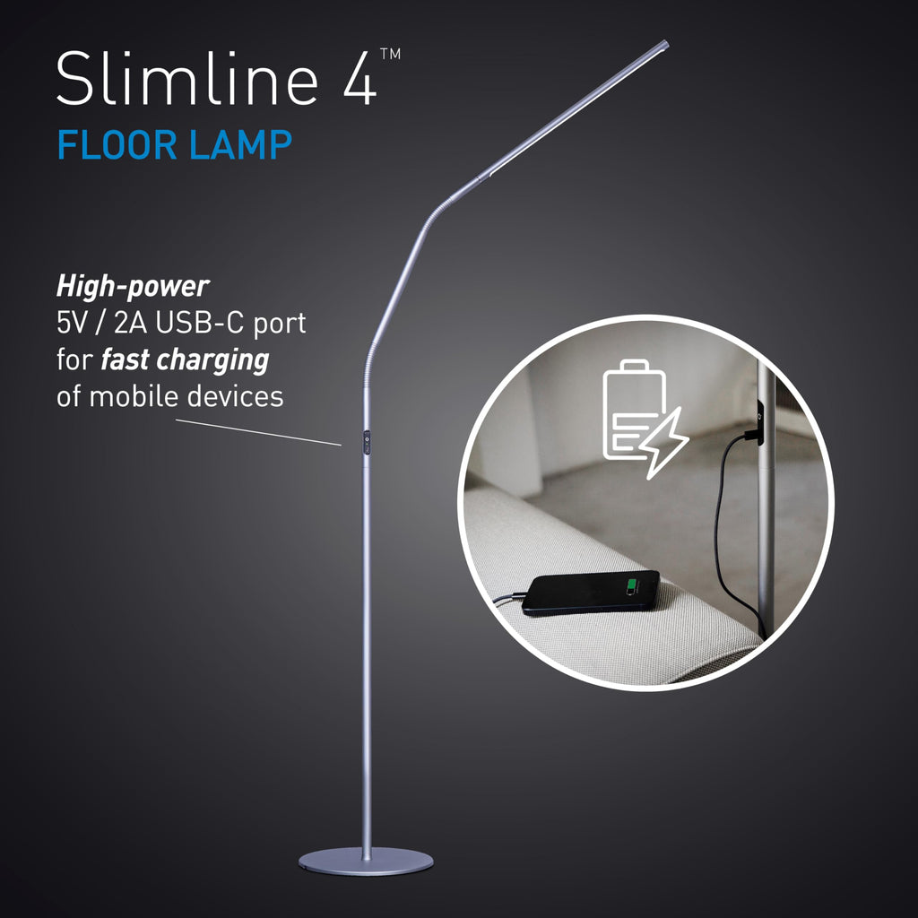 Slimline 4 LED Floor Lamp - 6, 000K, 3, 200 Lux, 4 Brightness Levels, USB-C Port for Fast Charging - Sleek Design